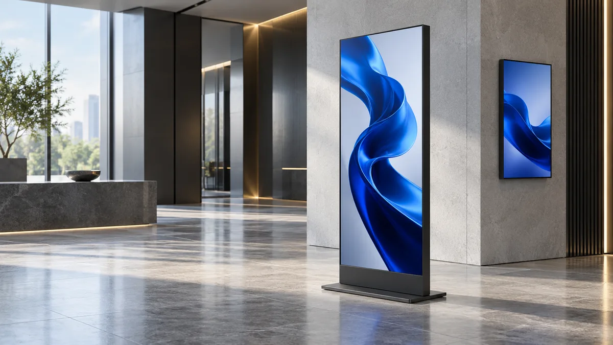 Concept visualization of floor-standing and wall-mounted advertising displays in a retail lobby