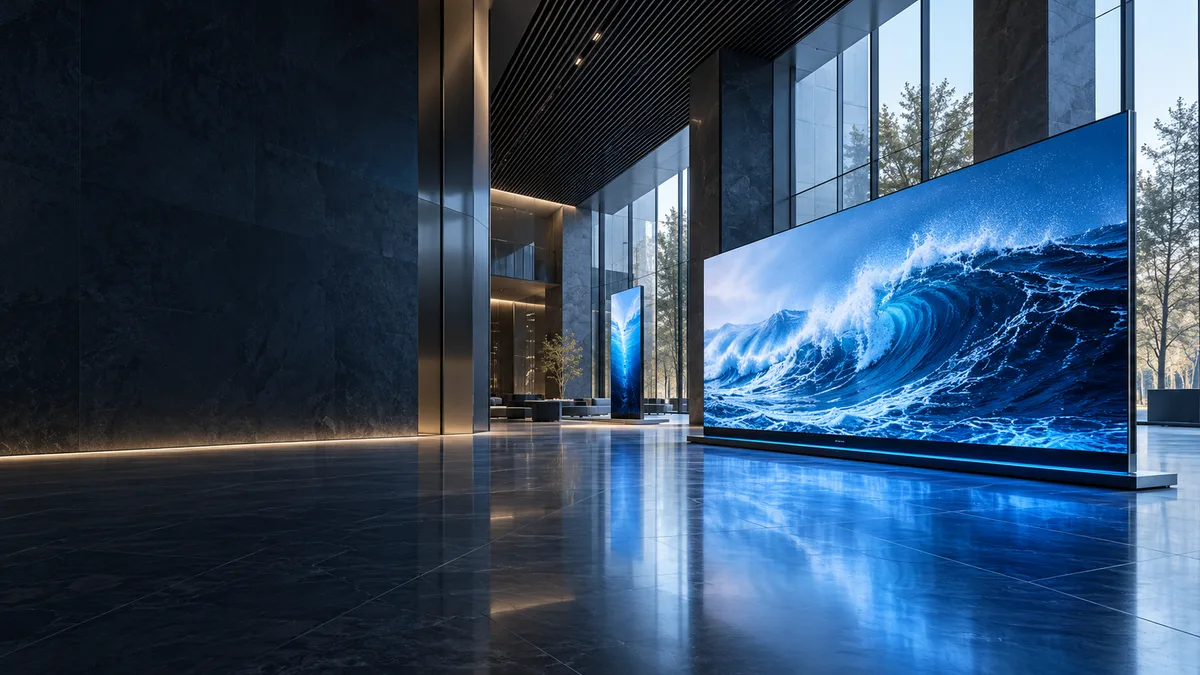 Concept visualization of a commercial lobby with large digital screens